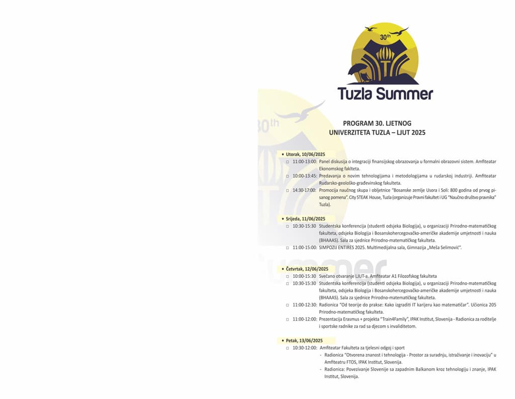 Univerzitet u Tuzli - PROGRAM 30. LJETNOG UNIVERZITETA TUZLA – LJUT 2025