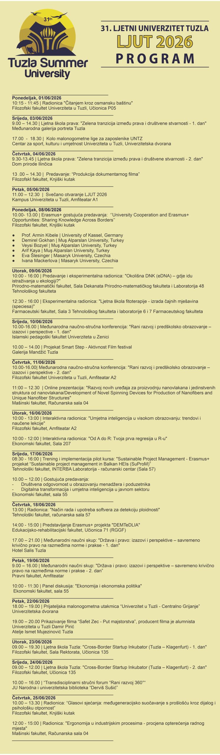 PROGRAM 31. LJETNOG UNIVERZITETA TUZLA – LJUT 2026